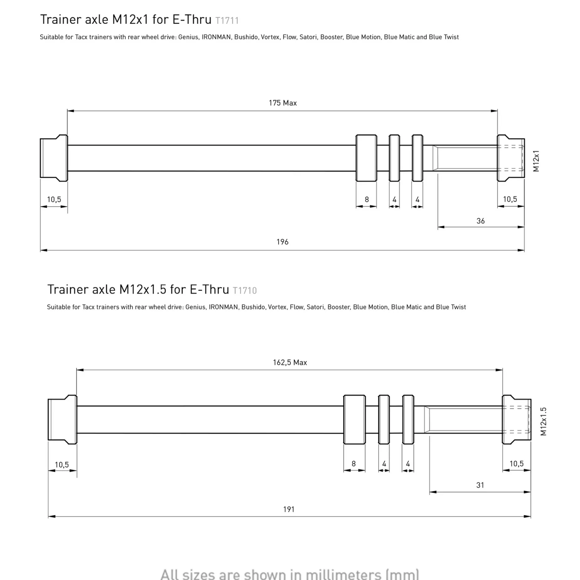 Tacx, E-Thru Axle Skewer 12 Mm X 1 Rear Wheel, Sykkelrulleaksling